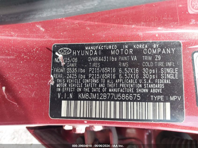 2007 Hyundai Tucson Gls VIN: KM8JM12B77U586675 Lot: 39604018