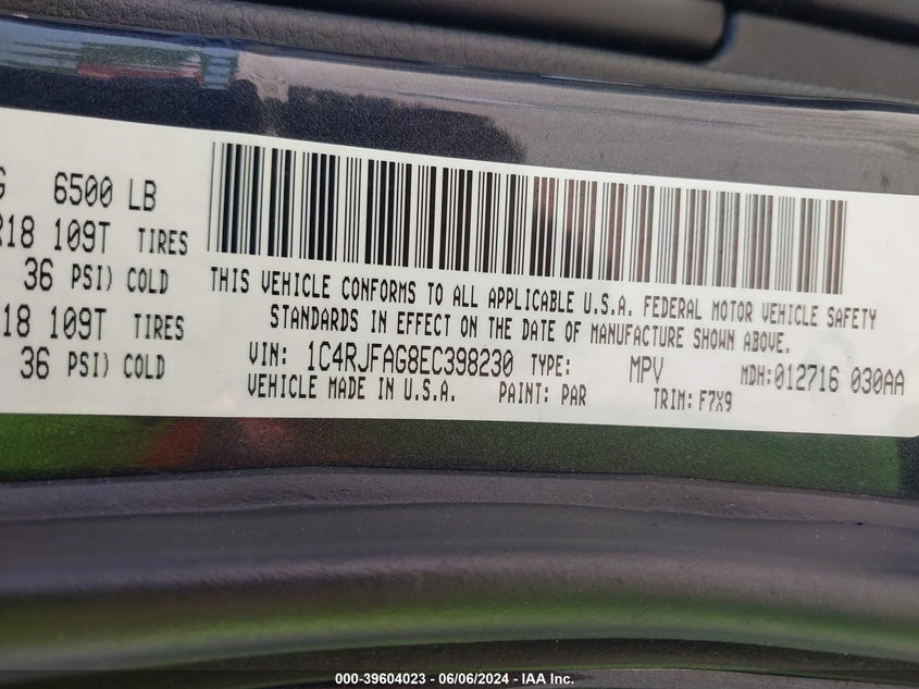 2014 Jeep Grand Cherokee Laredo VIN: 1C4RJFAG8EC398230 Lot: 39604023