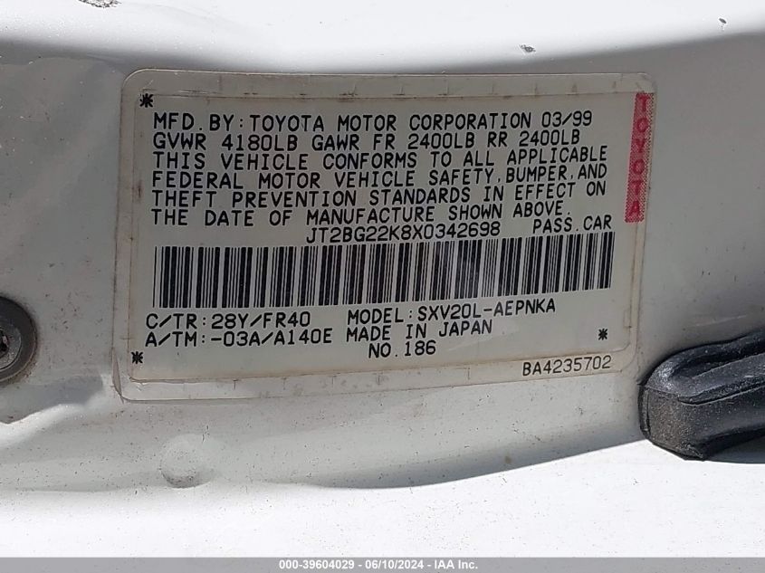 1999 Toyota Camry Le VIN: JT2BG22K8X0342698 Lot: 39604029