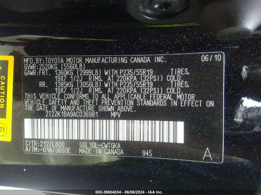 2010 Lexus Rx 350 VIN: 2T2ZK1BA9AC036981 Lot: 39604034