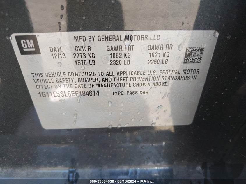 2014 Chevrolet Malibu 2Lt VIN: 1G11E5SL6EF184674 Lot: 39604038