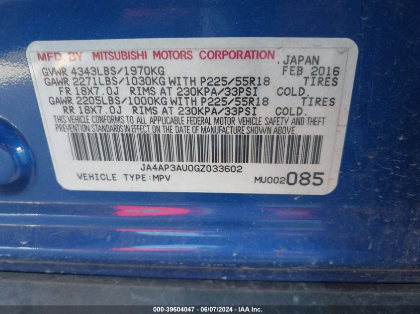 2016 Mitsubishi Outlander Sport 2.0 Es VIN: JA4AP3AU0GZ033602 Lot: 39604047
