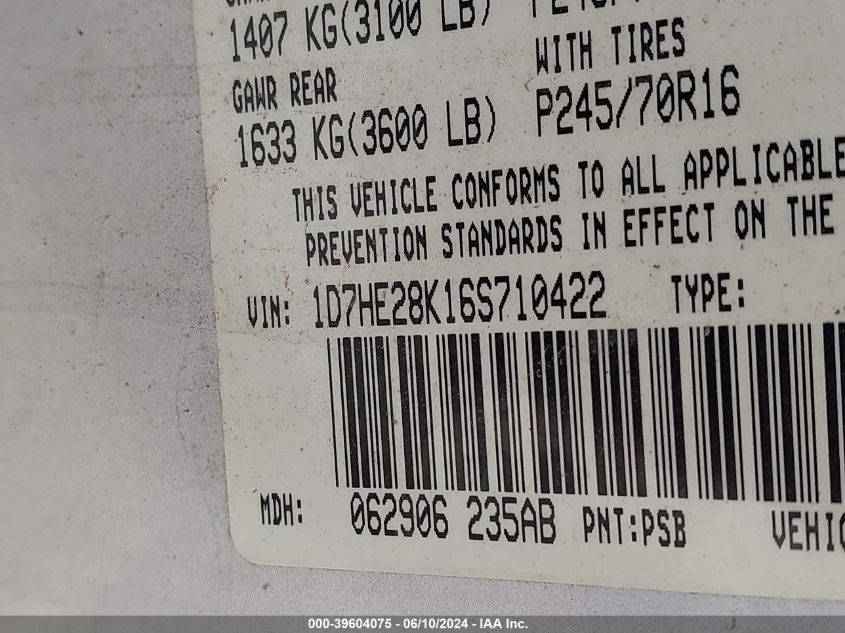 2006 Dodge Dakota St VIN: 1D7HE28K16S710422 Lot: 39604075