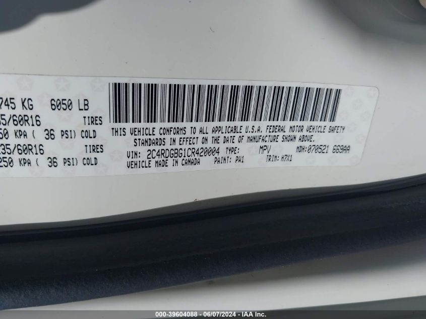 2012 Dodge Grand Caravan Se/Avp VIN: 2C4RDGBG1CR420004 Lot: 39604088