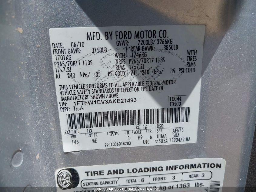 2010 Ford F-150 Fx4/Harley-Davidson/King Ranch/Lariat/Platinum/Xl/Xlt VIN: 1FTFW1EV3AKE21493 Lot: 39604096