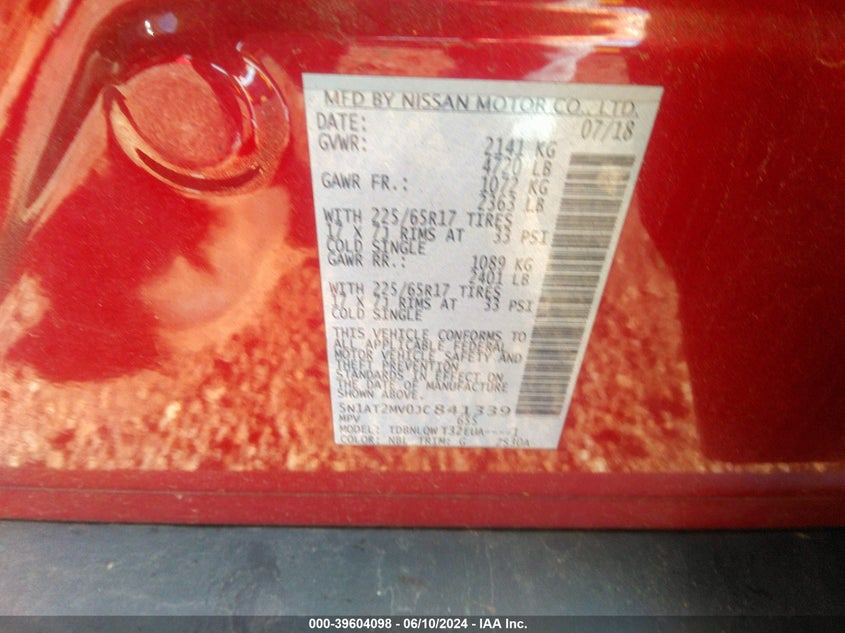 2018 Nissan Rogue Sv VIN: 5N1AT2MV0JC841339 Lot: 39604098