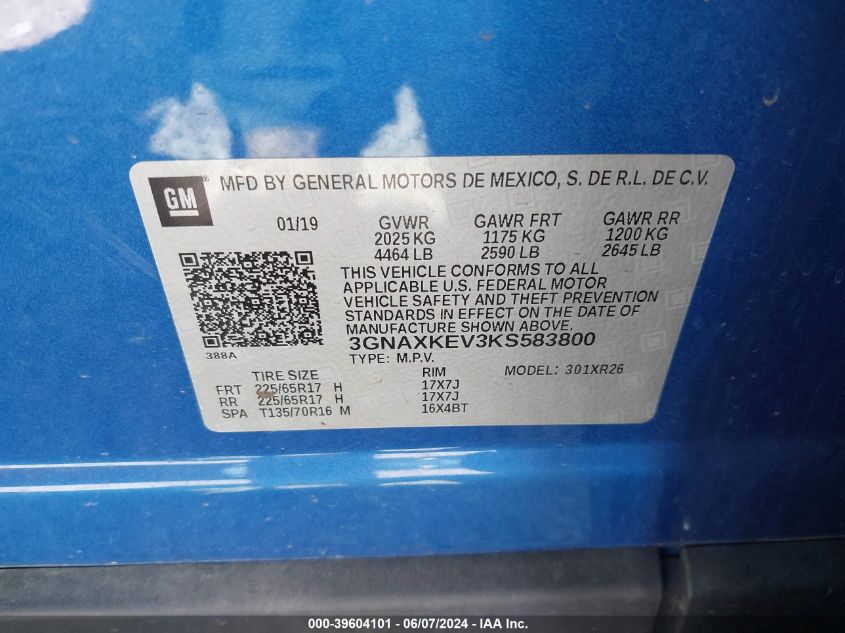 2019 Chevrolet Equinox Lt VIN: 3GNAXKEV3KS583800 Lot: 39604101