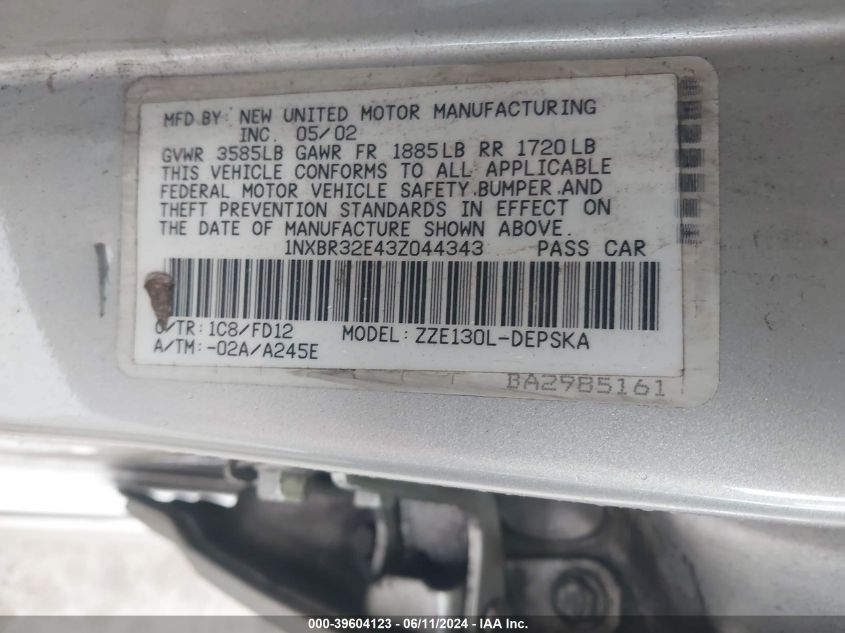 2003 Toyota Corolla S VIN: 1NXBR32E43Z044343 Lot: 39604123