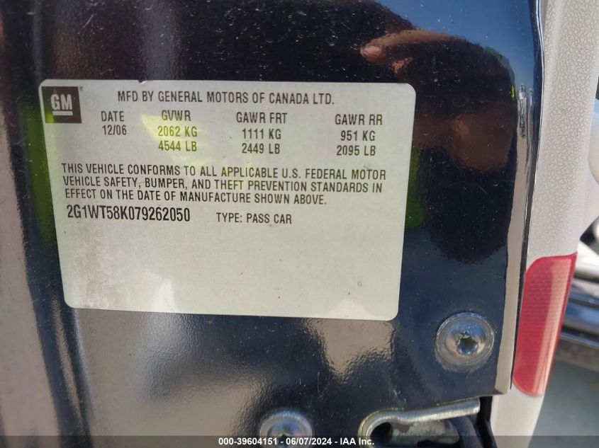 2007 Chevrolet Impala Lt VIN: 2G1WT58K079262050 Lot: 39604151
