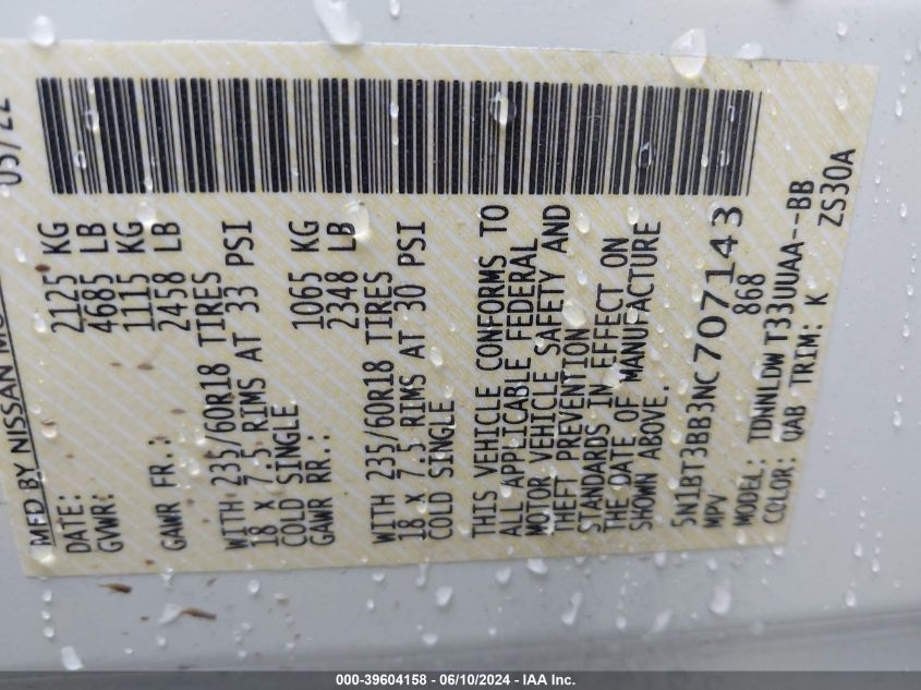 2022 Nissan Rogue Sv Intelligent Awd VIN: 5N1BT3BB3NC707143 Lot: 39604158