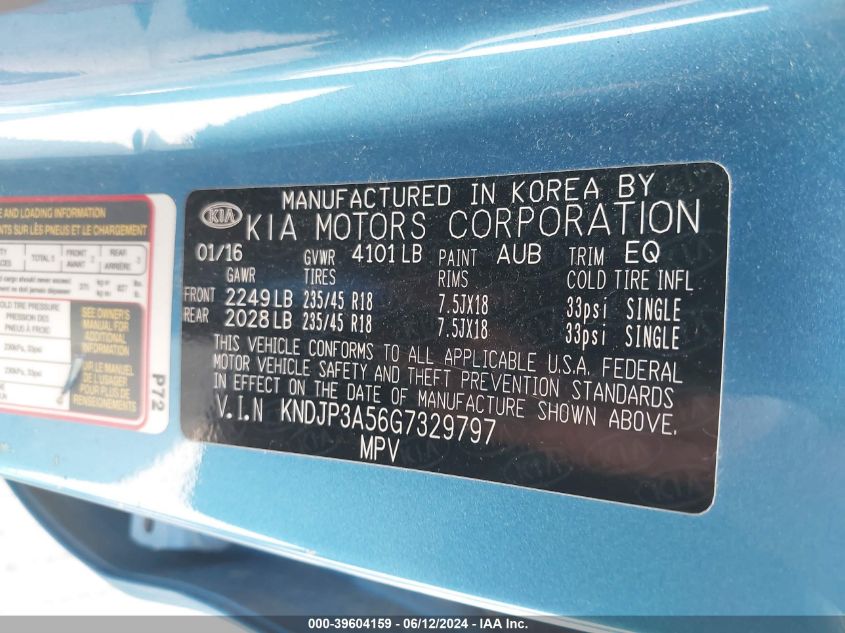 2016 Kia Soul + VIN: KNDJP3A56G7329797 Lot: 39604159