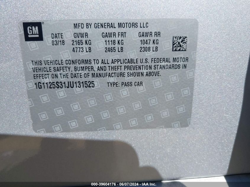 2018 Chevrolet Impala 2Lz VIN: 1G1125S31JU131525 Lot: 39604176