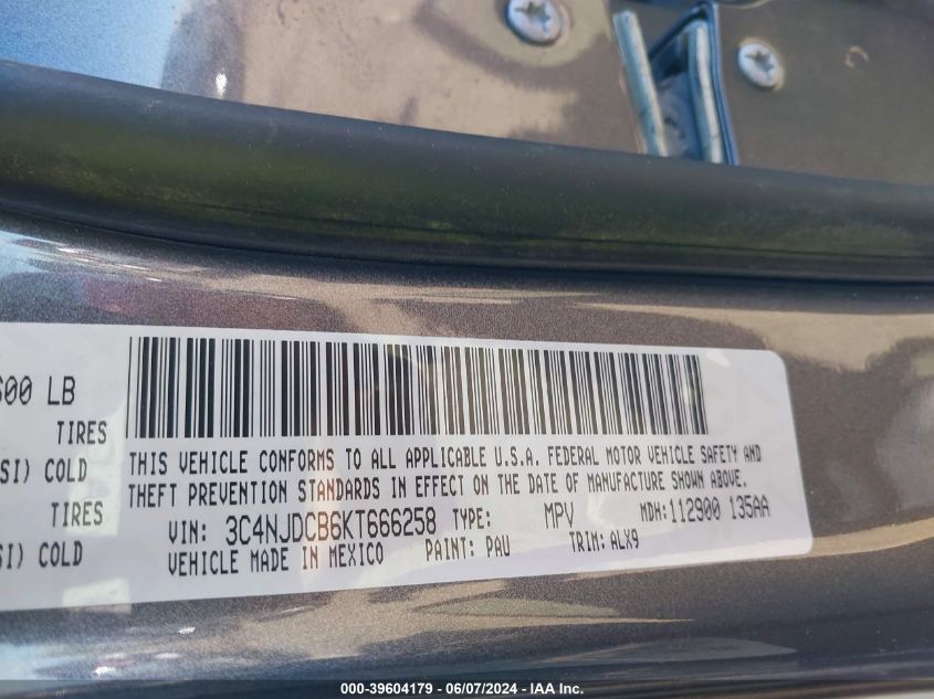 2019 Jeep Compass Limited 4X4 VIN: 3C4NJDCB6KT666258 Lot: 39604179