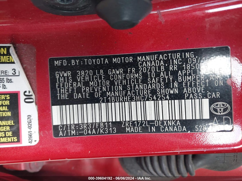 2017 Toyota Corolla Le VIN: 2T1BURHE3HC754254 Lot: 39604192