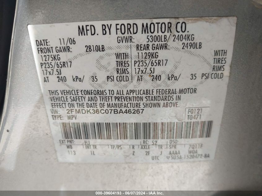 2FMDK36C07BA46267 2007 Ford Edge Se