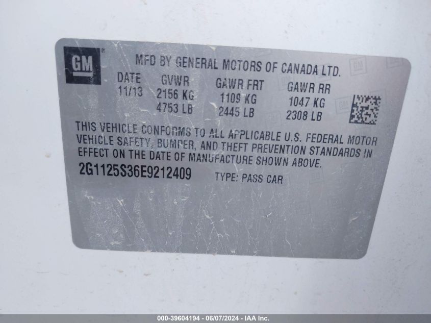 2014 Chevrolet Impala 2Lt VIN: 2G1125S36E9212409 Lot: 39604194