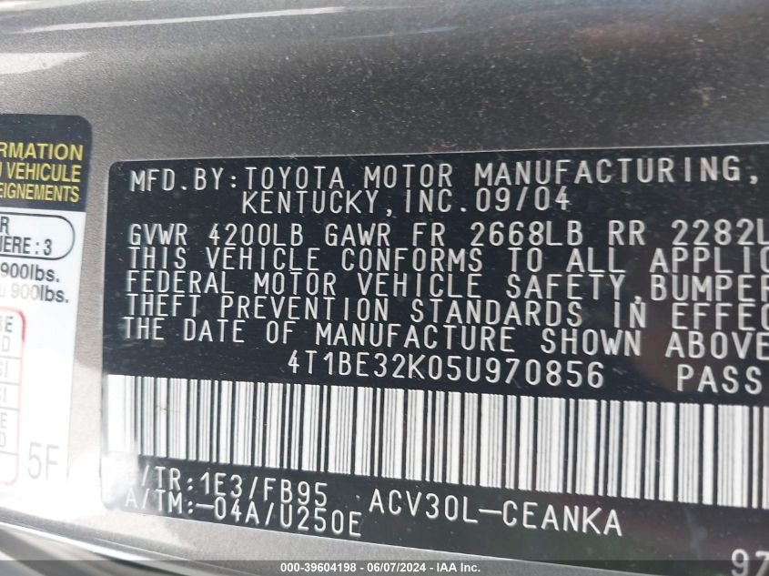 2005 Toyota Camry Le VIN: 4T1BE32K05U970856 Lot: 39604198