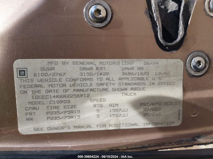 1994 Chevrolet Gmt-400 C1500 VIN: 1GCEC14K6RZ256912 Lot: 39604224