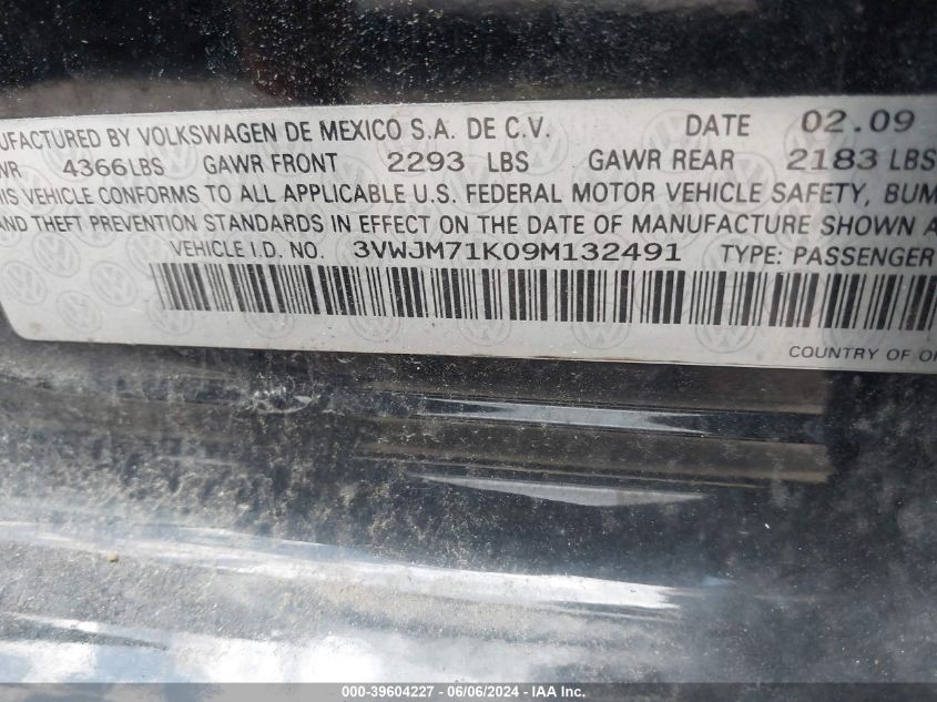 2009 Volkswagen Jetta S VIN: 3VWJM71K09M132491 Lot: 39604227