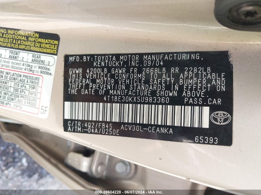 2005 Toyota Camry Le VIN: 4T1BE30KX5U983360 Lot: 39604228