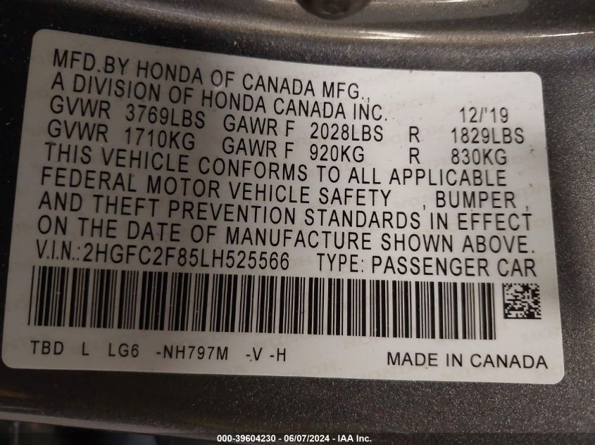 2020 Honda Civic Sport VIN: 2HGFC2F85LH525566 Lot: 39604230