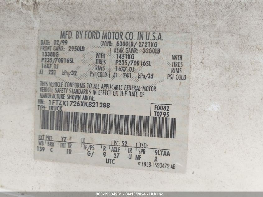 1999 Ford F-150 Work Series/Xl/Xlt VIN: 1FTZX1726XKB21288 Lot: 39604231