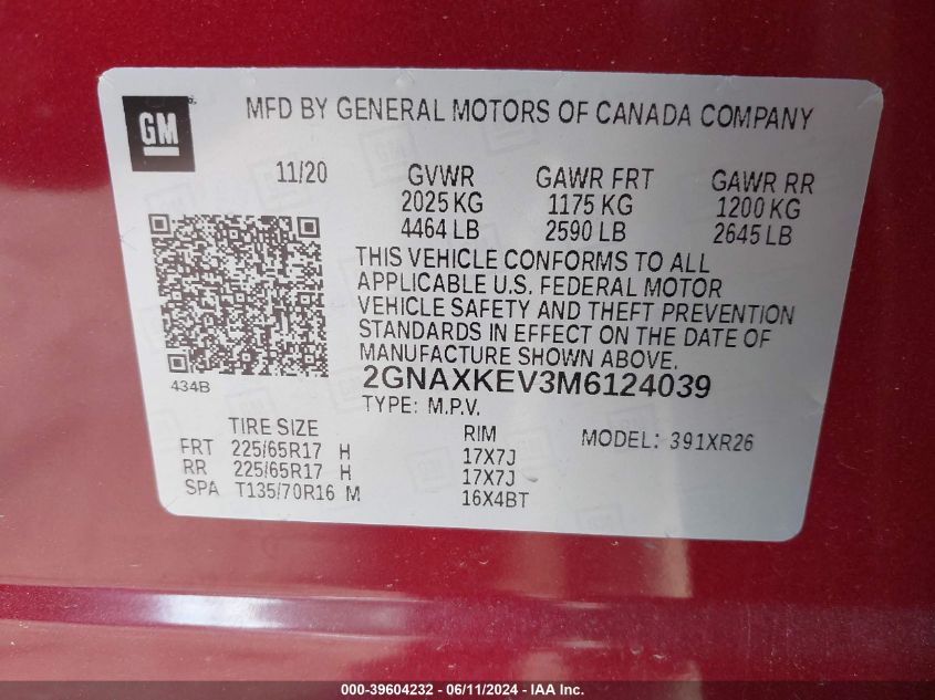 2021 Chevrolet Equinox Fwd Lt VIN: 2GNAXKEV3M6124039 Lot: 39604232