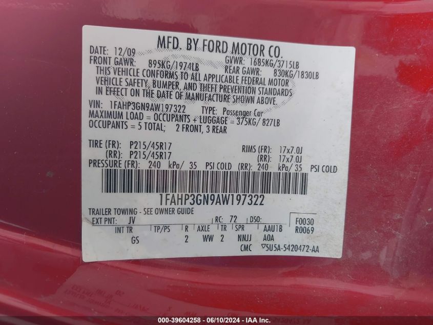 2010 Ford Focus Ses VIN: 1FAHP3GN9AW197322 Lot: 39604258