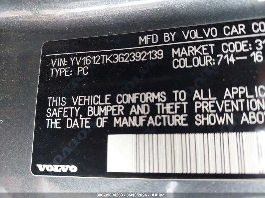 YV1612TK3G2392139 2016 Volvo S60 T5 Premier