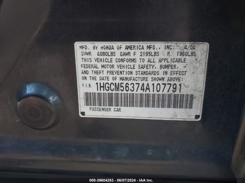 2004 Honda Accord 2.4 Lx VIN: 1HGCM56374A107791 Lot: 39604283