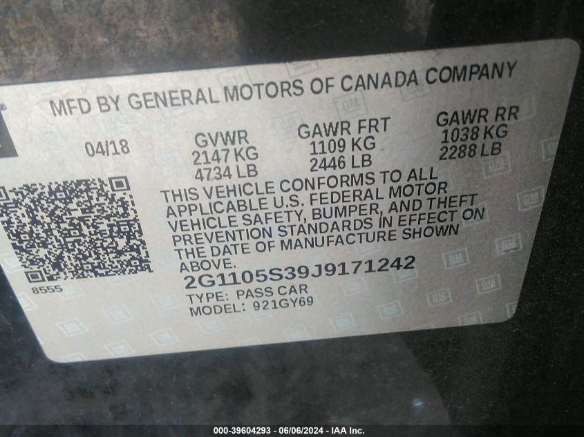 2018 Chevrolet Impala 1Lt VIN: 2G1105S39J9171242 Lot: 39604293