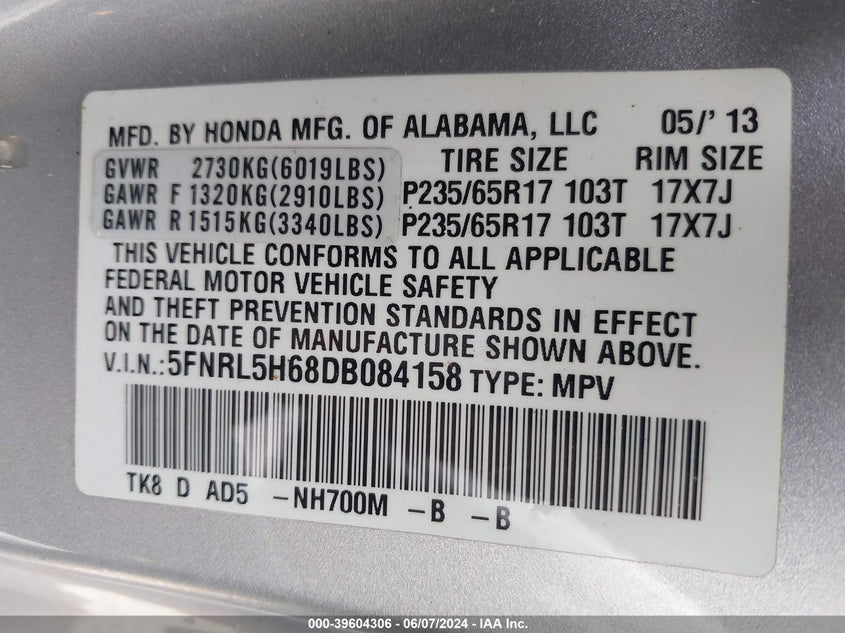 2013 Honda Odyssey Ex-L VIN: 5FNRL5H68DB084158 Lot: 39604306
