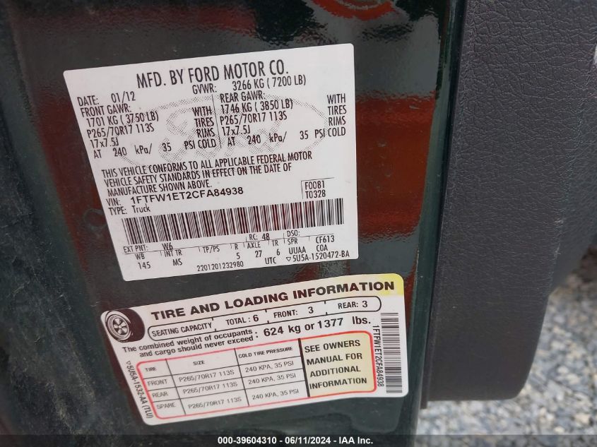 2012 Ford F-150 Xlt VIN: 1FTFW1ET2CFA84938 Lot: 39604310