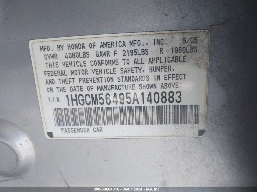 2005 Honda Accord 2.4 Lx VIN: 1HGCM56495A140883 Lot: 39604316