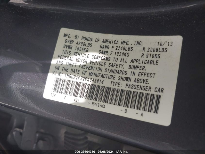 1HGCR2F32EA045914 2014 Honda Accord Lx