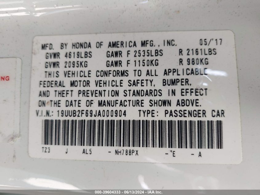2018 Acura Tlx VIN: 19UUB2F69JA000904 Lot: 39604333