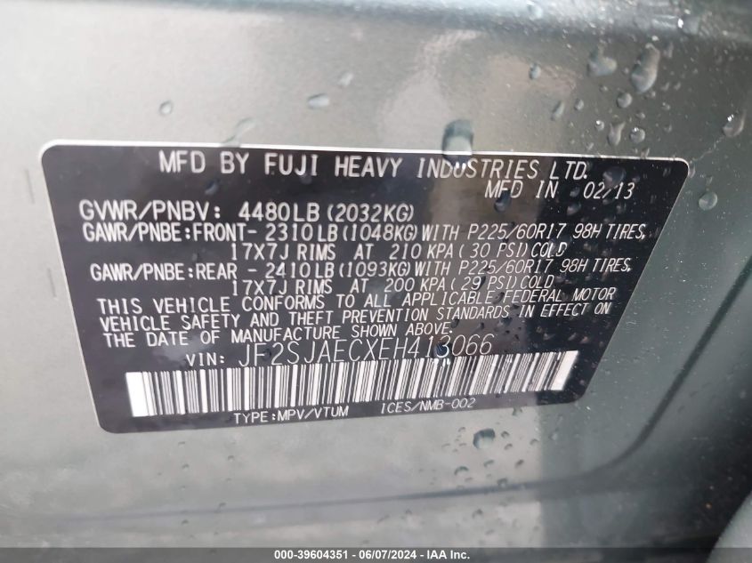 2014 Subaru Forester 2.5I Premium VIN: JF2SJAECXEH413066 Lot: 39604351