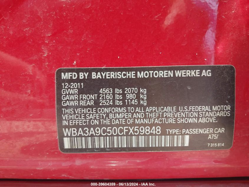 2012 BMW 335I VIN: WBA3A9C50CFX59848 Lot: 39604359