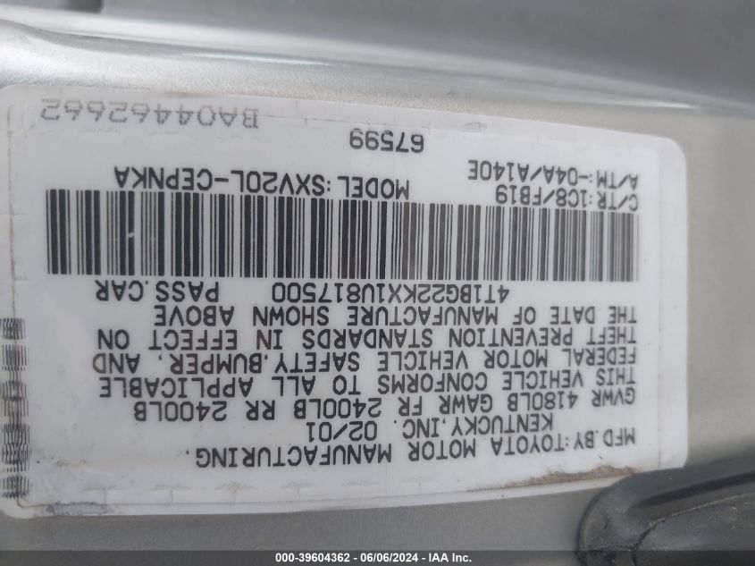 4T1BG22KX1U817500 | 2001 TOYOTA CAMRY