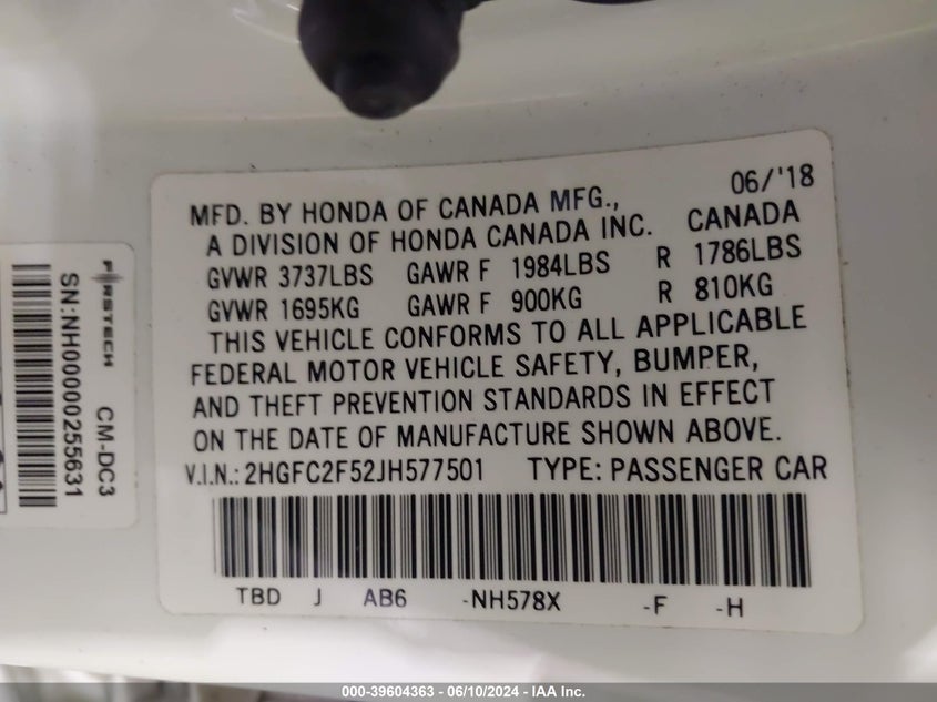 2018 HONDA CIVIC LX - 2HGFC2F52JH577501