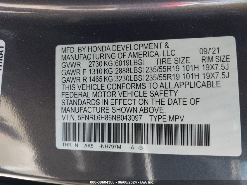 2022 Honda Odyssey Touring VIN: 5FNRL6H86NB043097 Lot: 39604388