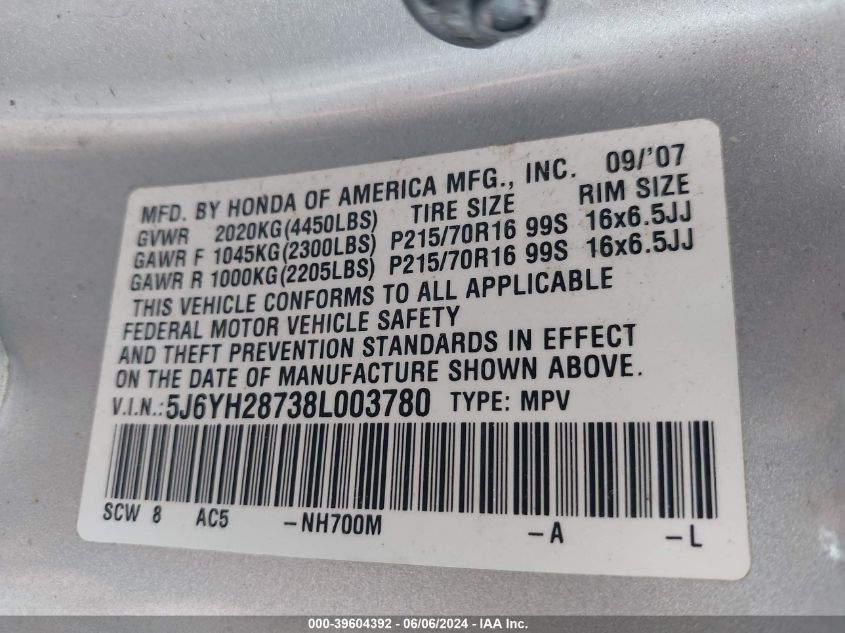 2008 Honda Element Ex VIN: 5J6YH28738L003780 Lot: 39604392