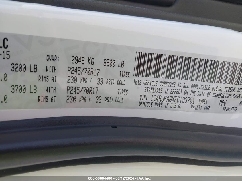 2015 Jeep Grand Cherokee Laredo VIN: 1C4RJFAGXFC133701 Lot: 39604400