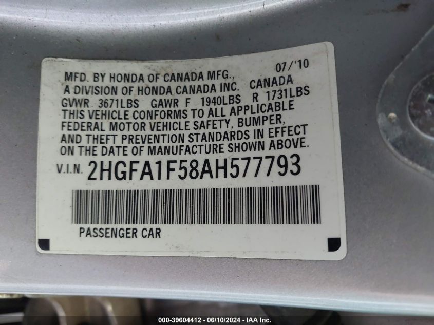2010 Honda Civic Lx VIN: 2HGFA1F58AH577793 Lot: 39604412