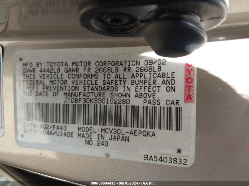 2003 Toyota Camry Xle V6 VIN: JTDBF30K530102280 Lot: 39604413