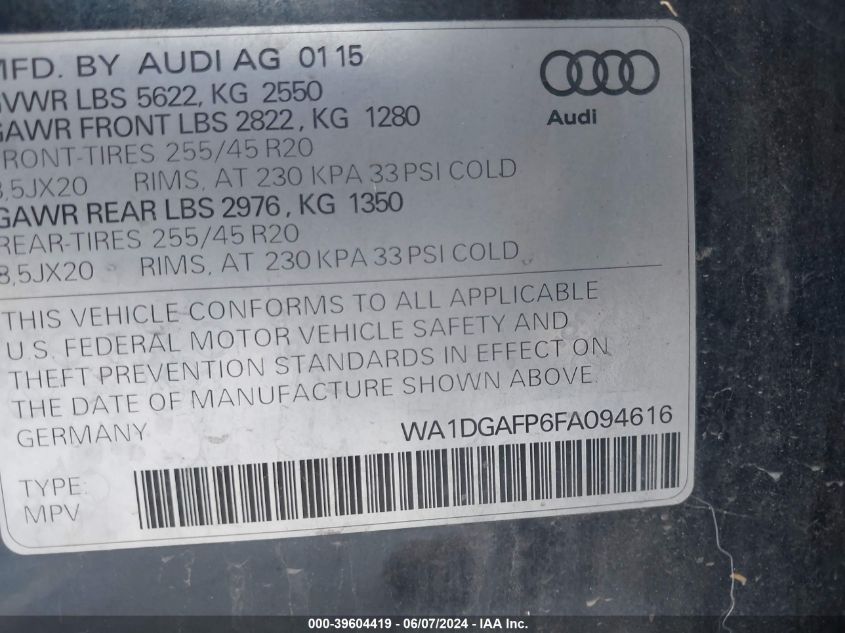 2015 Audi Q5 3.0T Premium Plus VIN: WA1DGAFP6FA094616 Lot: 39604419