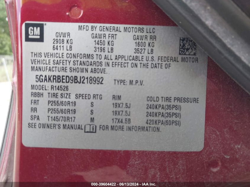 2011 Buick Enclave 1Xl VIN: 5GAKRBED9BJ218992 Lot: 39604422