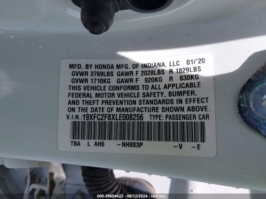 2020 Honda Civic Sport VIN: 19XFC2F8XLE008256 Lot: 39604423