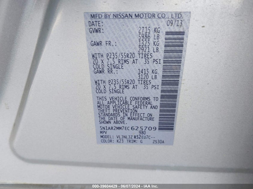 2014 Nissan Pathfinder Platinum VIN: 5N1AR2MM7EC625709 Lot: 39604429