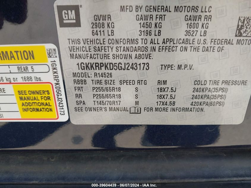 2016 GMC Acadia Sle-2 VIN: 1GKKRPKD5GJ243173 Lot: 39604439